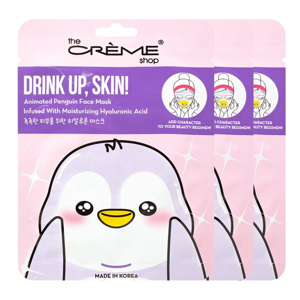 The Crème Shop Korean Skincare Beauty Full Facial Advanced Sheet Daily Natural Essence easy-to-use Soothing - Drink Up, Skin! Penguin Face Mask 3 Piece Value Set