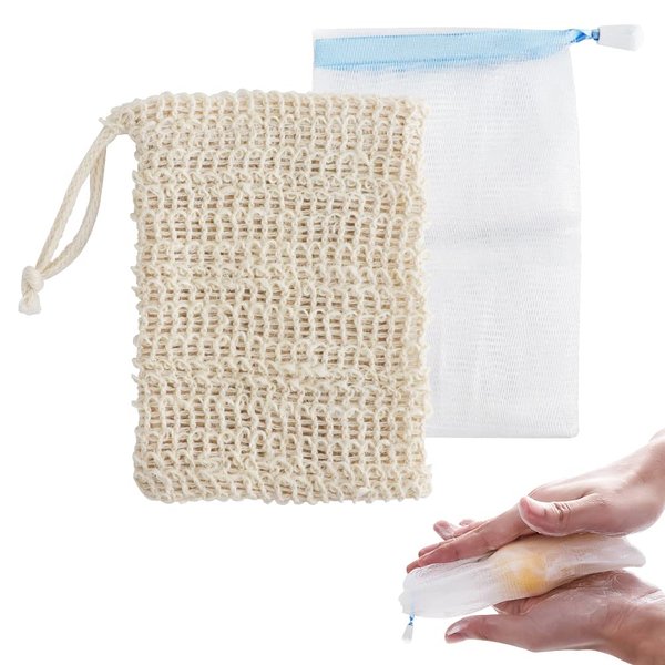 FHDUSRYO 2Pcs Soap Saver Bags, Handmade Soap Saver Bag Pouch, Exfoliating Mesh Soap Saver Bag with Drawstring, Bar Soap Pouch Bubble Sack Foaming and Drying for Washing Face, Bath, Shower