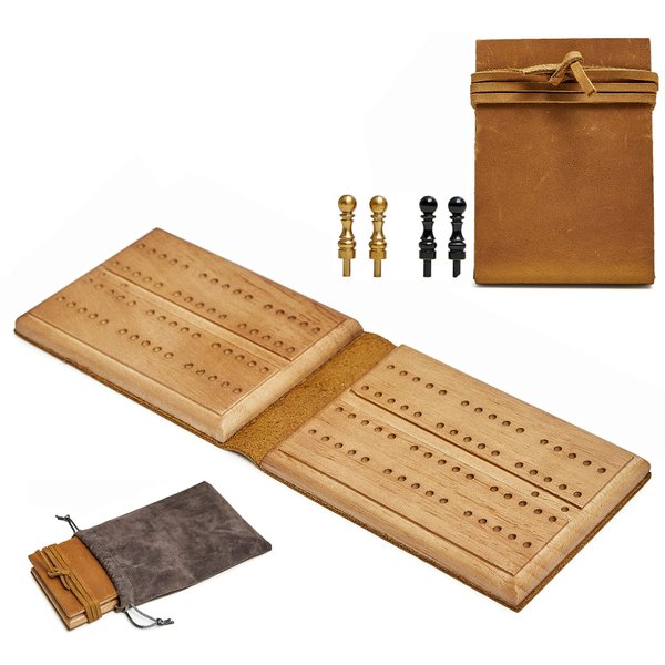Jeereal Travel Cribbage Board Game Leather & Solid Bambo-Wood Pocket Sized Tiny Card Game Board (Wooden|Color)