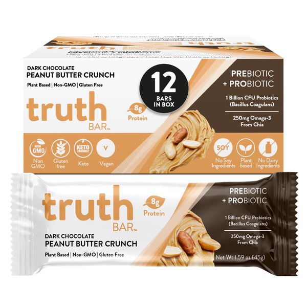 Truth Bar Prebiotic & Probiotic Keto Snack Vegan Bars with Omega-3's - Synbiotic High Fiber Snacks - Low Sugar, Kosher, Gluten Free - Dark Chocolate Peanut Butter Crunch (Pack of 12)