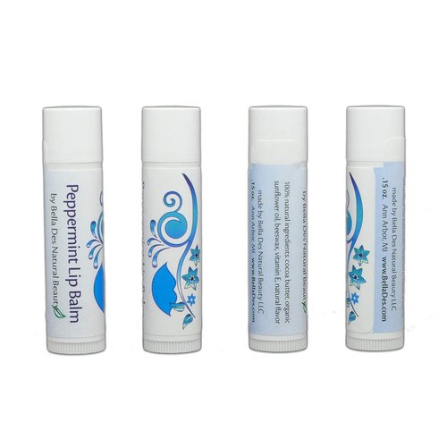 Peppermint Cocoa Butter Lip Balm | Set of 4 balms | 100% Natural Ingredients | Soothe and Moisturize Chapped Lips | Cocoa Butter, Beeswax, Vitamin E | by Bella Des Natural Beauty