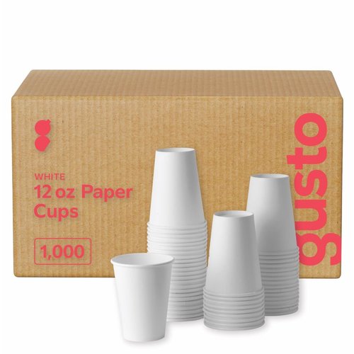 GUSTO [Case of 1,000 12 oz. Disposable White Paper Cups, Hot Coffee Cups - Eco-Friendly Hot Cups (Formerely Comfy Package)