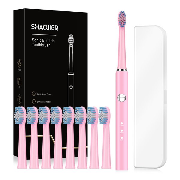 SHAOJIER Electric Toothbrush, with 8 Replacement Brush Heads and 1 Travel Box,Sonic Toothbrush for Adults and Kids,Portable Rechargeable Toothbrush for Travel (Pink)