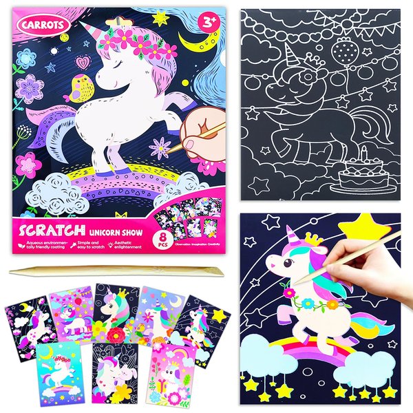 BAOXUE Scratch Art for Kids, Unicorns Black Rainbow Scratch Art Paper Set-Arts and Crafts & Supplies, DIY Activity & Party Games, Unicorn Art Gifts for Toddlers, Girls & Boys
