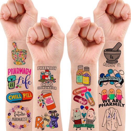 96PCS Funny Future Pharmacist Pharmacy Stickers Temporary Tattoos Happy Birthday Party Decorations Supplies Favors Decor Doctor Nurse Tattoo Gifts For Graduation Kids Adults Boys Girls Prizes Carnival