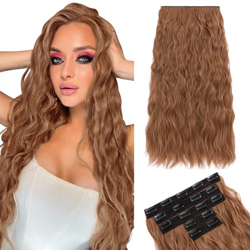 Hairro Clip In Hair Extensions 5PCS 17 Clips Light Auburn Hair Extensions Synthetic Long Wavy Loose Wave Invisible Lace Weft Clip Ins Hairpiece For Women 24" 250g #M30