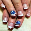 4th of July Press on Nails French Fake Nails Short Square False Nails Red Blue White Acrylic Nails with USA Flag & Red Glitter Design Stick on Nails for Women Girls 4th of July Parade Manicure