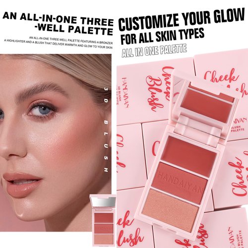 DLZZRS 3D Blush Trio Palette,Multi-Use Shimmery Matte Contour Palette Makeup Powder Bronzer Face Sculpting Contour Cheeks Lightweight Smooth Blendable Face Blush Highlighter Bronzer Powder Beauty（02#）