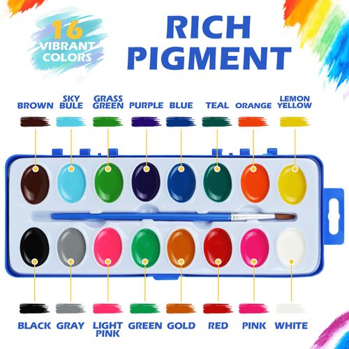 Watercolor Paint Set for Kids - Bulk Pack of 6, 16 Colors Washable Water Color Paints Sets with Paint Brush, Kids Watercolor for Coloring, Art, Party Favors, Classrooms and Paint Supplies