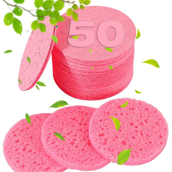 50-Count Compressed Facial Sponges for Estheticians- 100% Natural Cellulose Professional Cosmetic Spa Sponges for Face Cleansing, Massage, Pore Exfoliating, Mask, Makeup Removal (Pink)