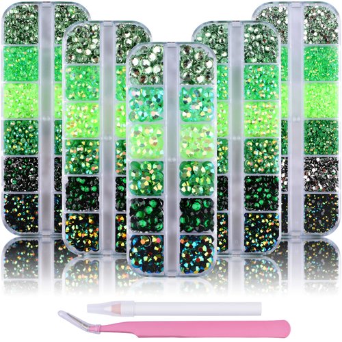 Kikonoke 5 Boxes Nail Art Rhinestones Kit 3D Flatback Jelly Crystal Gems Diamantes Design for Crafts Face Clothes Glass Decorations DIY (Green)