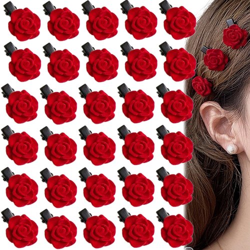30 Pcs Red Mini Rose Flower Hair Clips, Brights Accessories Vintage Bridal Headpiece Brooch French Romanc Girls Wedding Mother's Day Halloween Birthday Valentine Christmas Party Gift