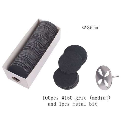 MZCMSL 100pcs Sandpaper Disc and 1pcs Metal Drill Bit, 3/32 Shank Pedicure Sanding Disc Bit for Dead Skin Callus Electric Foot File #150 Grit (Medium,35mm)