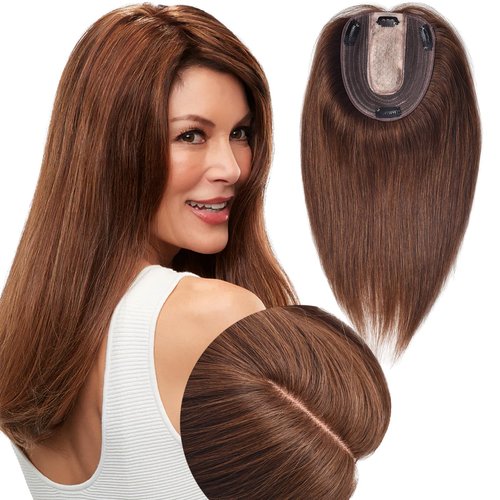POWERASIA Hair Toppers for Women Real Human Hair Extensions No Bangs with Thinning Hair Wiglets Upgrade 150% Density Silk Base Clip in Hair Pieces Remy Hair Topper 14 Inch #04