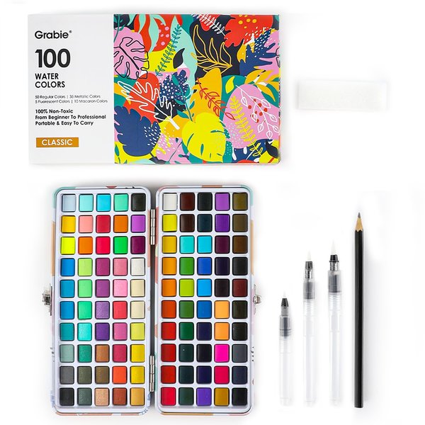 Grabie Watercolor Paint Set, 100 Colors Painting with Water Brush Pens and Drawing Pencil, Great for Kids and Adults, Art Supplies, Perfect Starter Kit for Painting