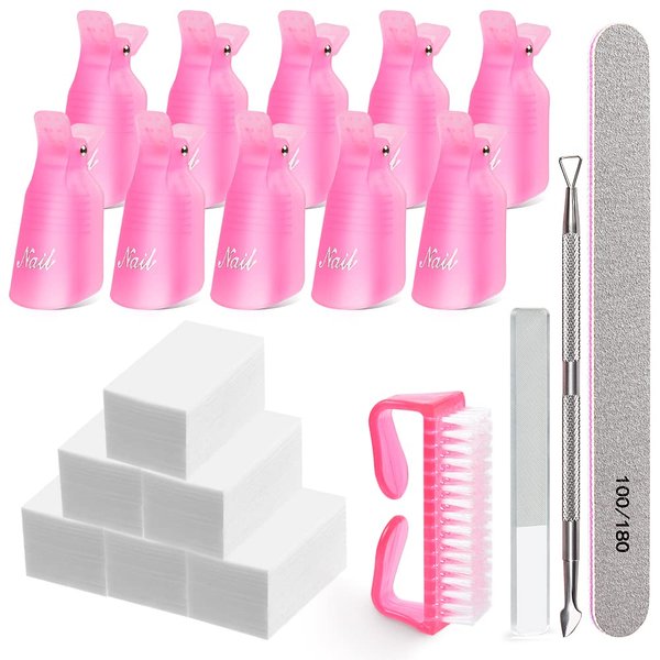Nail Polish Remover Clips, MORGLES Gel Nail Polish Remover Kit with 10pcs Nail Clips 300pcs Cotton Pads 100/180 Nail File Glass Nail Shiner Cuticle Pusher and Brush-Pink