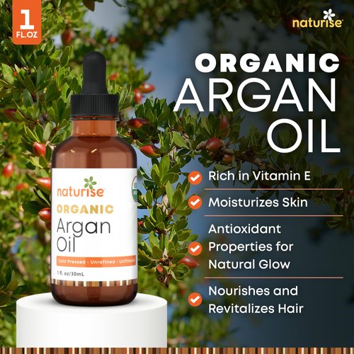 Naturise Organic Argan Oil - Organic Argan Oil Cold Pressed Argan Oil of Morocco - Vegan Non-GMO Gluten Free Argan Oil for Hair Growth and Skin Moisture - 100% Pure Moroccan Oil Hair Oil (1 fl. oz.)