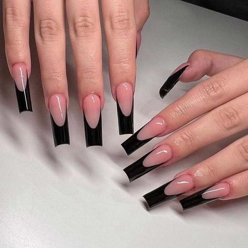 ANDGING French Tip Press on Nails Long Coffin Black Fake Nails with Design Glue on Nails for Women Acrylic False Nails Full Cover Stick on Nails Reusable Manicure Press on Nail for Wedding 24Pcs B82