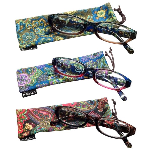 Calabria 4377 Cat Eye Floral Paisley Reading Glasses +2.00 Bulk Variety 3 Pack Women One Power Readers Cute Eyeglass w/Case