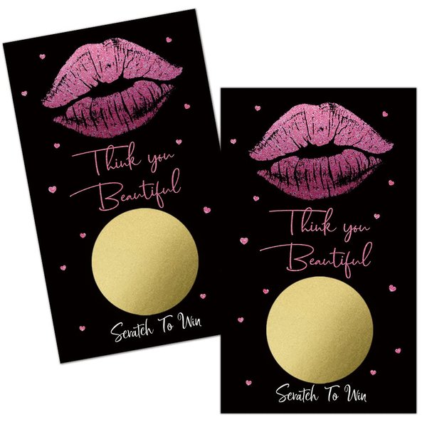 Haizct 50 Pack Thank You Blank Gift Certificate Scratch Off Cards for Small Business, Spa Beauty Makeup Hair Salon, Bridal Shower, Baby Shower, Country Wedding (Pink lip gloss), Gold,Pink-GK096