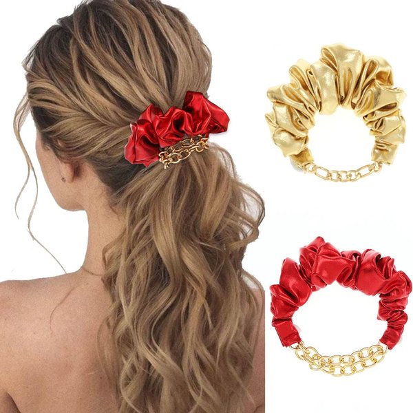 CAKURE Bracelet Hair Ties Gold Red Hair Scrunchies Chain Pony Tail Hair Ropes Elastic Bracelet Chain Hair Bands Ponytail Holder Hair Accessories for Women and Girls Pack of 2 (Type B)