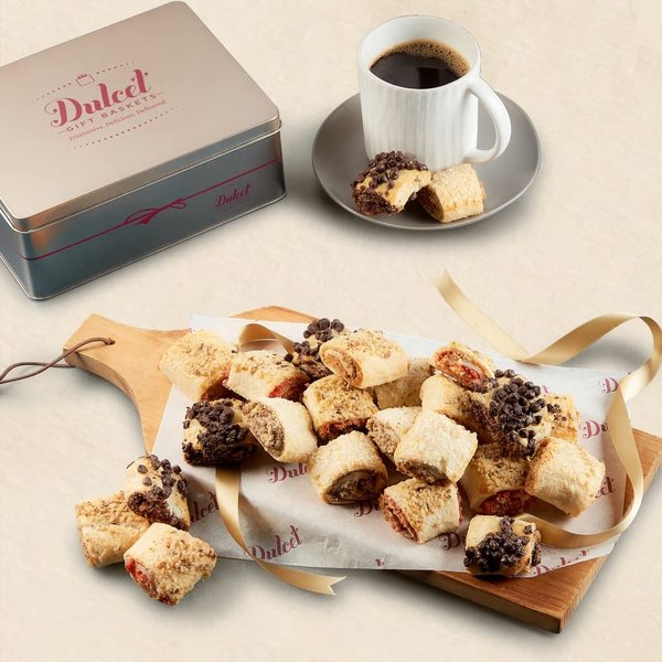Dulcet Gift Baskets, Fresh Baked Bakery Rugelach fillings of chocolate chip, raspberry, Cinnamon and Apricot Gift Tin Assortment, Top Holiday Tin for Men and Women. Ideal for Jewish New Year