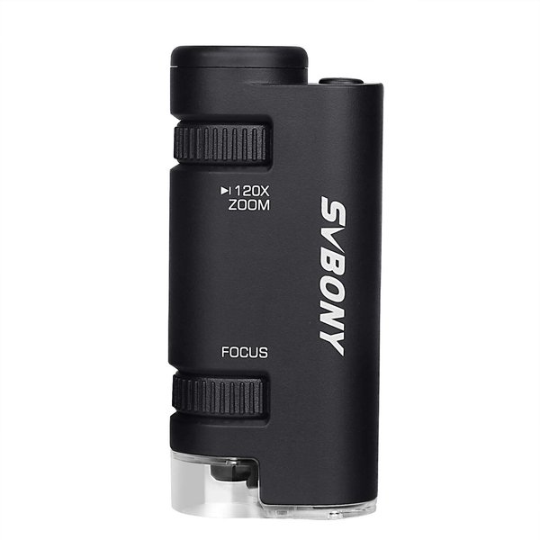 SVBONY SV603 Pocket Microscope 60x-120x, LED Lighted Zoom Portable Microscope, Kids‘ Microscope for Learning,1x AAA Battery and 1x Portable Soft case Included