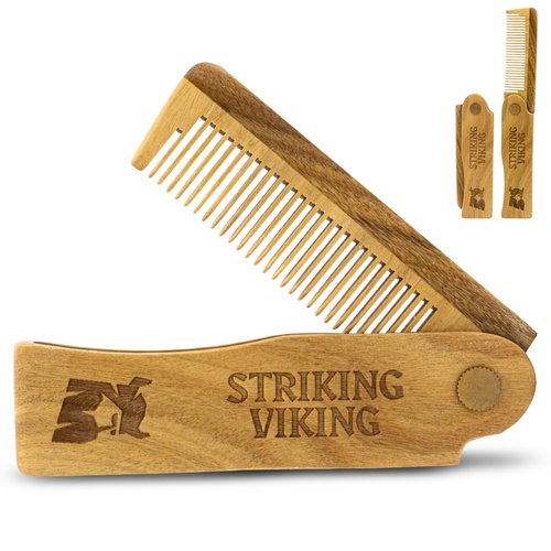 Striking Viking Wooden Beard Comb for Men - Hair, Beard & Mustache Comb - 4" Sandalwood Folding Comb for Everyday Beard Care & Grooming - Use Dry or with Beard Oils & Balm - Styling Wooden Comb