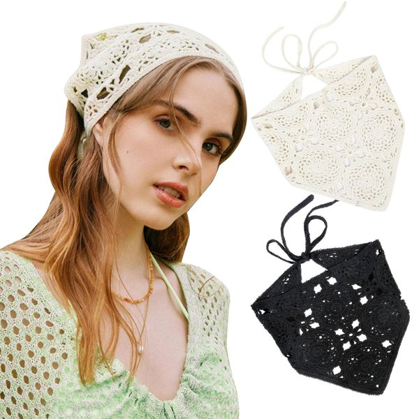 Crochet Bandana Headbands Head Kerchief for Women Crochet Knitted Headwrap Handmade Vintage Hair Bandanas 2 Pcs