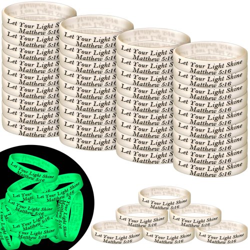 Chitidr 100 Pcs 8" Christian Bracelets Let Your Light Shine Matthew 5: 16 Bible Verse Christian Wristbands Glow in the Dark Silicone Bracelets Bulk Inspirational Scripture Trunk Or Treat Party Favors