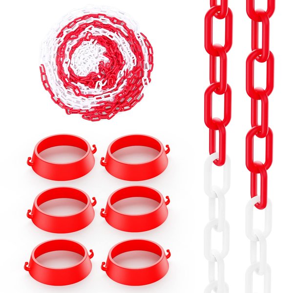 BATTIFE 32 feet Plastic Chain and 6 Connector Kits for Traffic Cones Barrier or Traffic Poles for Constructions Home Road Driveway Parking Use