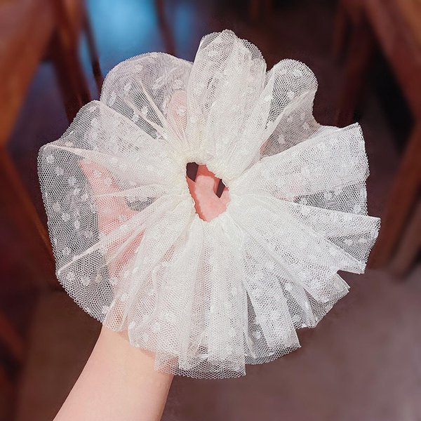 LINAYOHA 1Pcs Oversize White Polka Dot Organza Tulle Scrunchie for Girl Women Double Layer Dot Ruffle Tulle Mesh Fluffy Scrunchie Big Bulk Elastic Ponytail Holder Hair Tie Accessory Fashion Gift