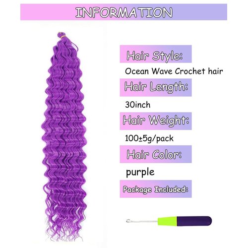 Cypsin Purple Curly Crochet Hair 30Inch 2 Packs Deep Wave Crochet Hair with Crochet Hook, Long Ocean Wave Braiding Hair for Women, Synthetic Hair Curly Braiding Hair Extensions