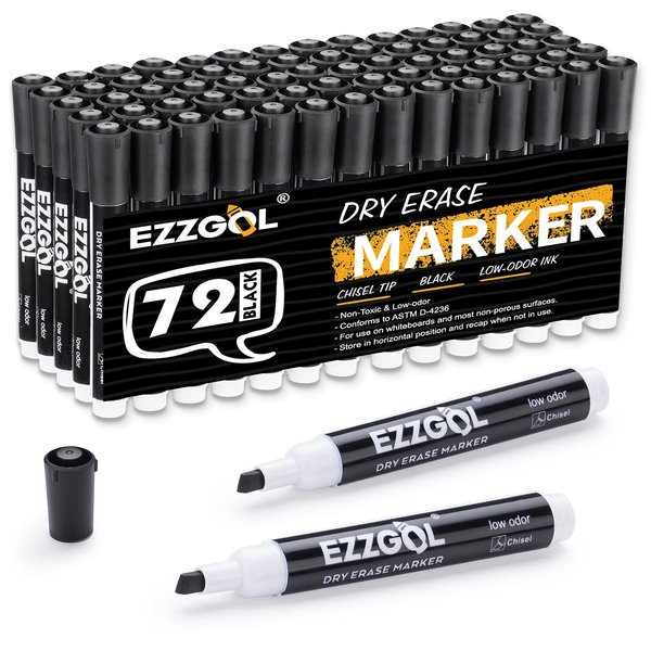 Ezzgol Dry Erase Markers Bulk, 72 Pack Black Low Odor Whiteboard Markers, Chisel Tip Dry Erase Markers Perfect for Writing on Dry Erase Whiteboard Mirror Glass for School, Office or Home