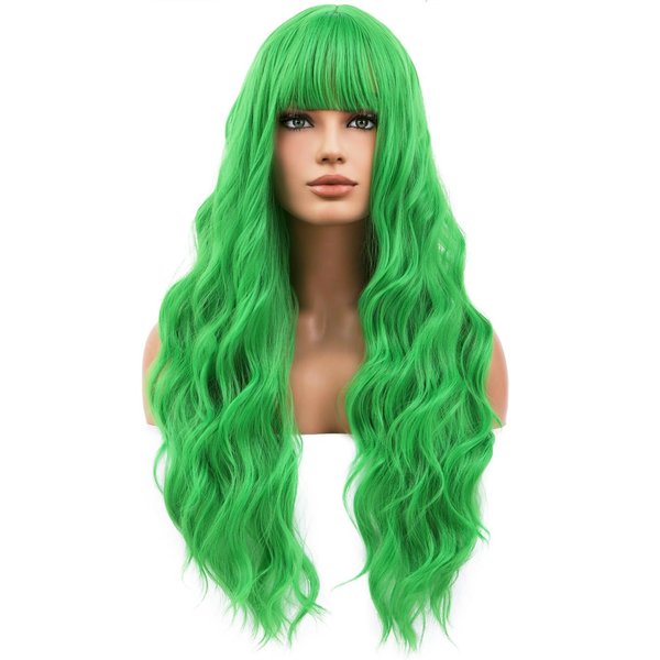 BERON Green Long Wigs Curly Wavy Women Wigs with Bangs Light Color Heat Resistant Synthetic Wigs for Cosplay or Daily Wigs Wig Cap Included
