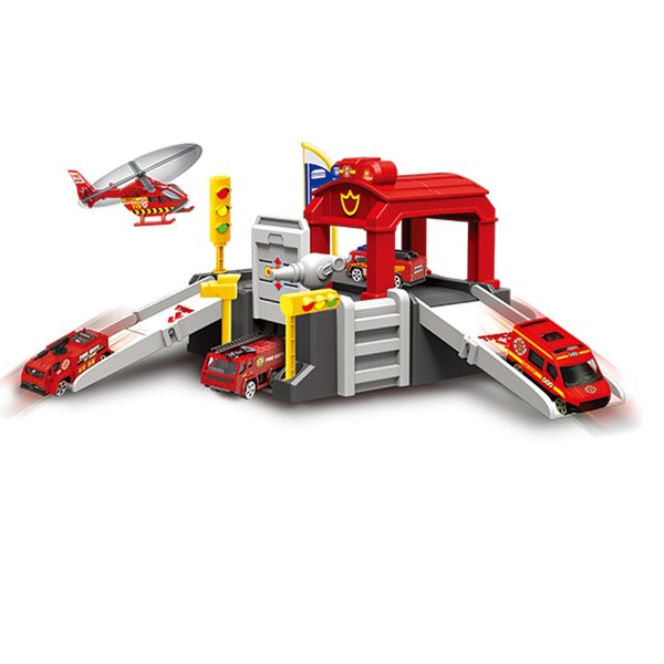 Vangoddy Kids Pretend Play Rescuers Fire Station Parking Garage Tower Playset for Boys Girls Kids