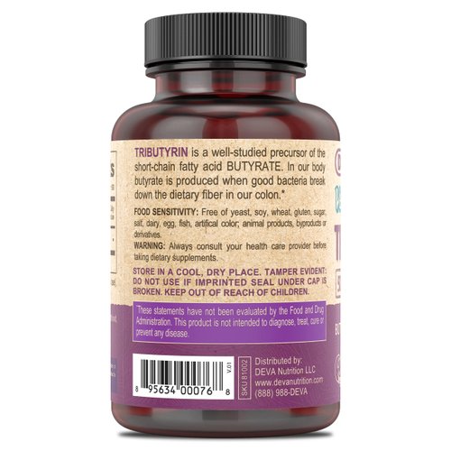DEVA Vegan Tributyrin Supplement - Butyrate Precursor, Gut Barrier Support, Butyric Acid, 500 MG Vegan Capsules, Leaky Gut Support, Digestion, 90 Count