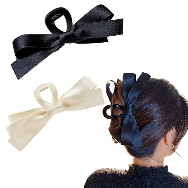 Ayesha Bow Hair Claw Clips 2 Colors Ribbon Bow Hair Clips Big Hair Bows Jaw Clips Barrettes Hair Accessories for Women Girls(black&cream)