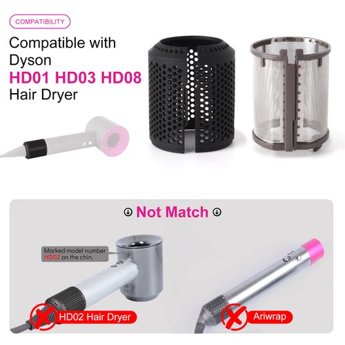 Hair Dryer Inner Filter + Outer Filter Cage Replacement for Dyson Hair Dryer HD01 HD03 HD08 Models, Hair Dryer Filter Mesh Filter Cover Cap Protect Attachments Easy Disassembly (Black)