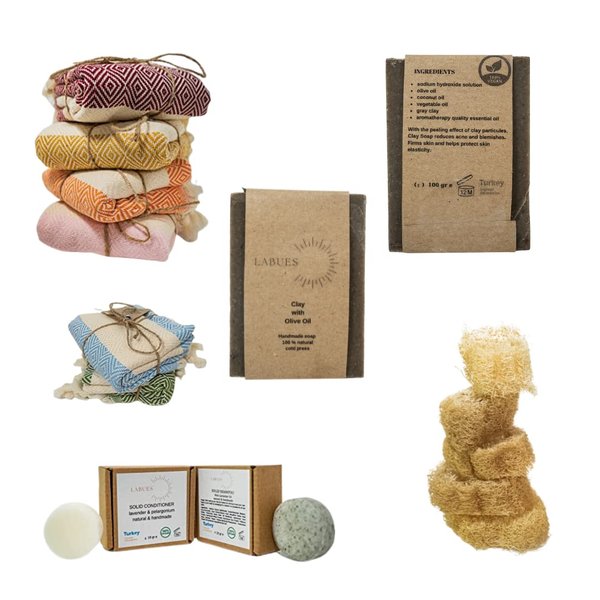 LABUES Natural Handmade Gift Set - Travel Size Shampoo Bar and Conditioner-10-15 hair washes, Hand Made Clay Soap, Natural Loofa and Turkish Face Towel –Reduces acne and blemishes.