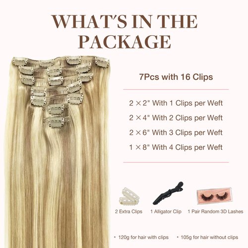 GOO GOO Clip in Hair Extensions Real Human Hair, 14inch 135g 7Pcs, 16/22 Light Blonde Highlighted Golden Blonde, Remy Human Hair Extensions Clip ins for Women, Natural Human Hair