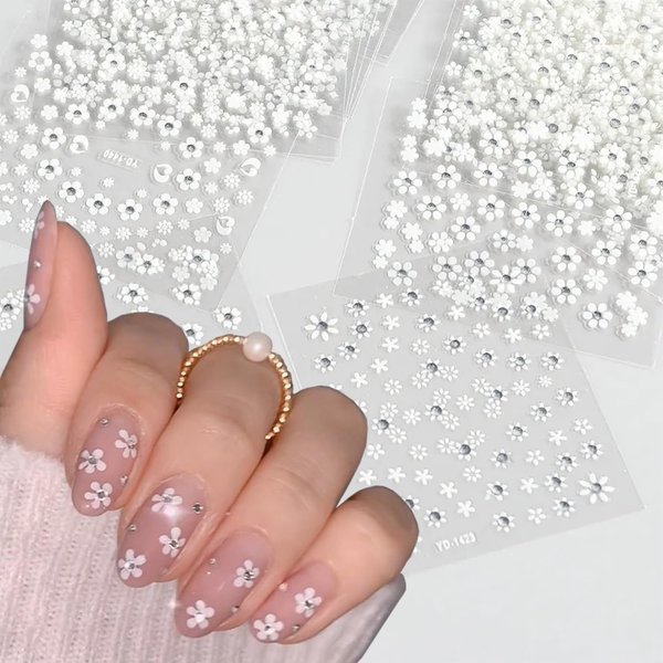 30 Sheets Flower Nail Stickers White Floral Nail Decals with Rhinestone 3D Self-Adhesive Nail Art Supplies Spring Flowers Nails Art Stickers Decals Flower Leaf Nail Designs Stickers for Women Girls