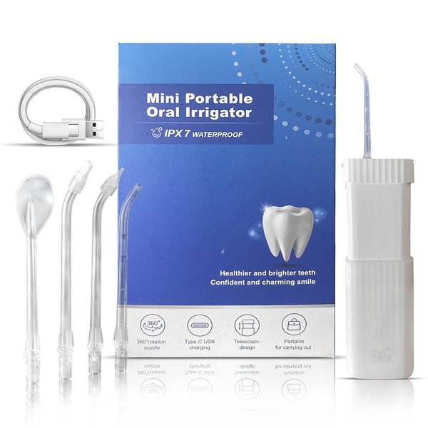 Tuth Premium Dental Products Water Flosser - Portable Oral Irrigator with 4 Interchangeable Tips - Gum, Tongue, Teeth Cleaner with 3 Jet Settings - Travel Friendly, IPX7 Waterproof, 4-Hour Charge Time