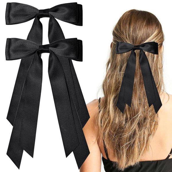 2PCS Silky Satin Hair Bows Hair Clips,Decorative Hair Clips Ribbon Accessories Ponytail Holder Slides Metal Clips French Barrette Hair Bow for Women Girls Toddlers Teens Kids (Black)