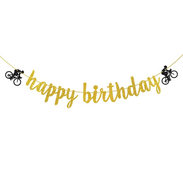 Helewilk Gold Glitter Bicycle Happy Birthday Banner, Bike Sports Theme Garland for Boy Men Birthday Party Decoration, Bicycle Party Bunting Banner