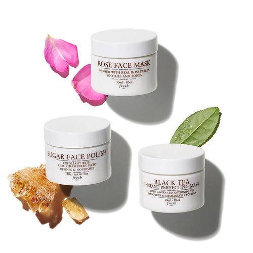 Fresh Face Mask Essentials Gift Set, Facial Masks: Sugar Face Polish, Rose Face Mask, Black Tea, Advanced Antioxidants (Gift Set, 3 Pack)