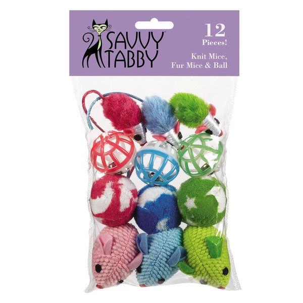 SAVVY TABBY Knit Mice, Fur Mice, and Balls Cat Toys, 12-Packs