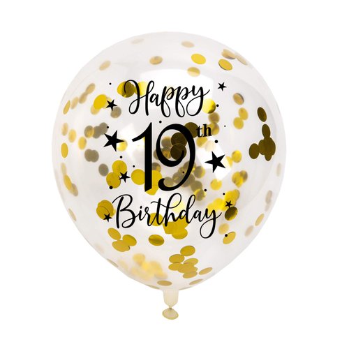 Gold 19th Confetti Latex Balloons, Girls or Boys Happy 19 Years Birthday Party Balloon Decoration With Confetti, 12in, 16 Pack