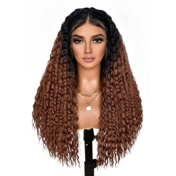 ANNISOUL Ombre Brown Deep Wave Lace Front Wig 13x4 HD Transparent Lace Water Wave Frontal Wig Long Synthetic Curly Wig Glueless Synthetic Hair Pre Plucked with Baby Hair Natural Hairline