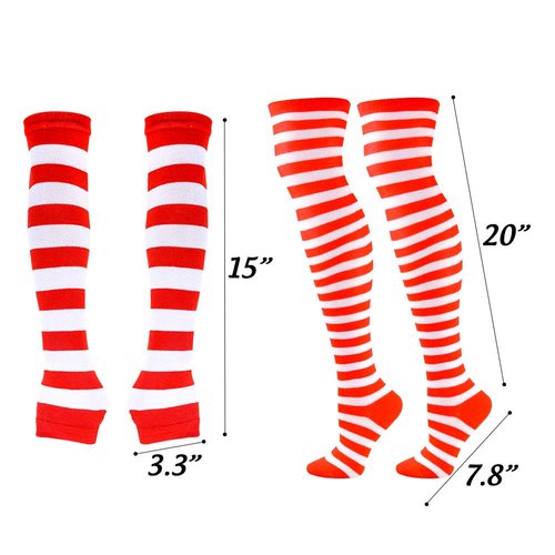 BigOtters Striped High Knee Socks, Including Red and White Socks Long Arm Warmer Gloves Crazy Outfits for Kids Girls Birthday Party Supplies Classroom Decor